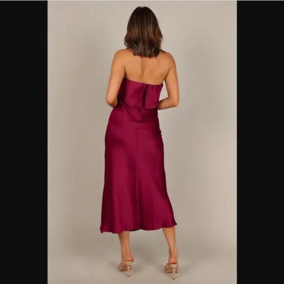 Petal & Pup Vienna Strapless Berry Satin Ruffle Side Slit Midi Dress L - Picture 8 of 15